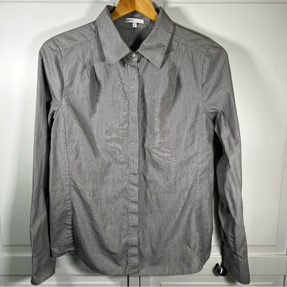 Vince‎ Shirt Women's Size 8 Button Down Long Sleeve Charcoal Striped Cotton Top